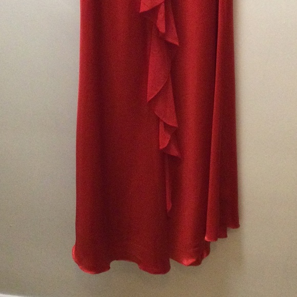 Red silky evening gown, sheer top, flare bottom - Picture 13 of 14